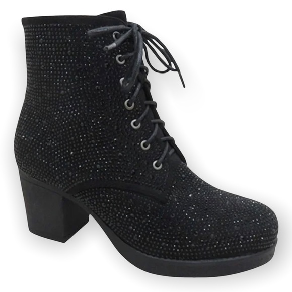 Italina Shoes - Italina Black Metallic Glitter Rhinestone Embellished Lace-up Combat Booties
